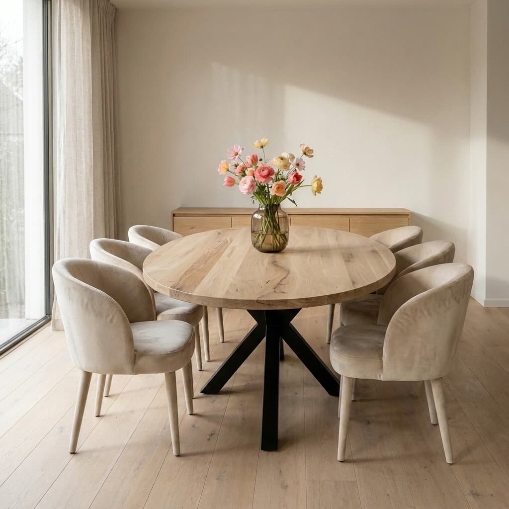 Ovale eiken tafel met zes stoelen in een lichte eetkamer