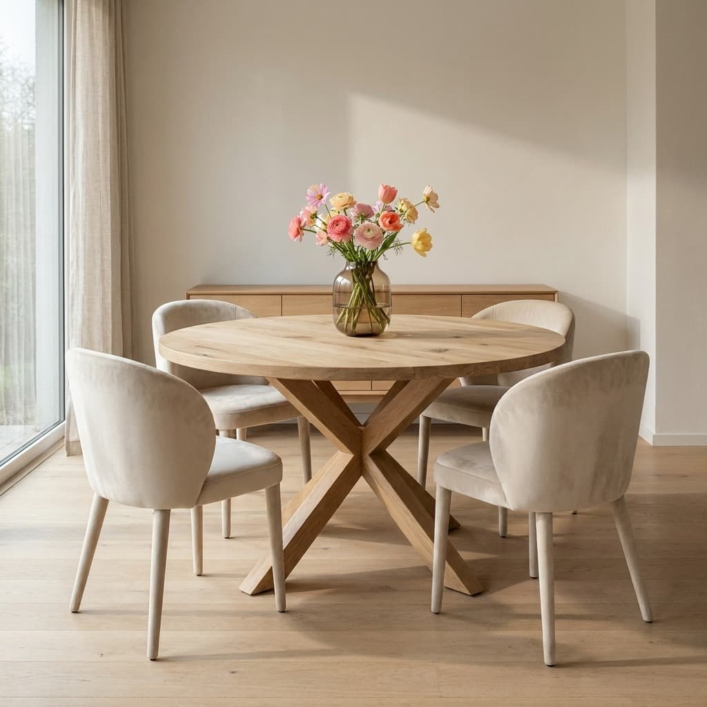 Ronde eiken tafel met eiken kruispoot en vier stoelen