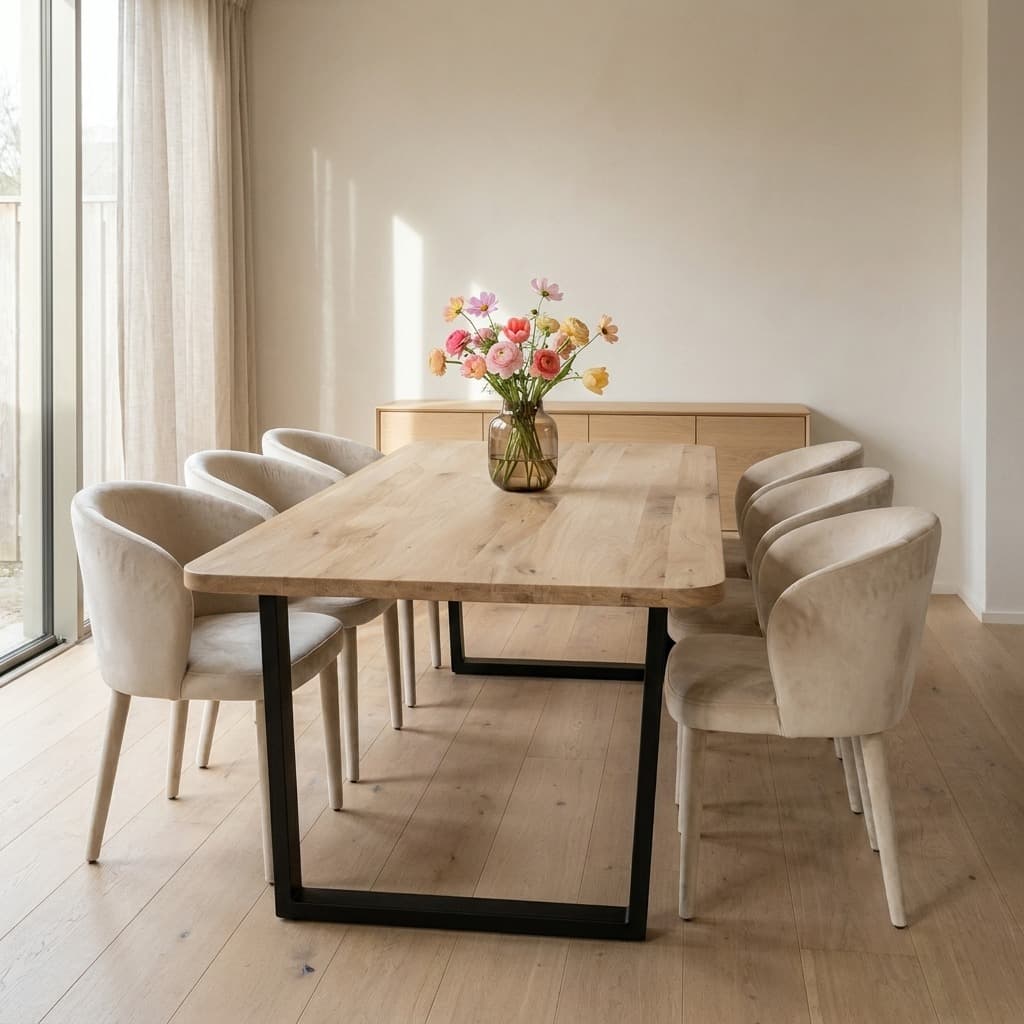 Eiken tafel met ronde hoeken van opzij, met zwarte U-poten