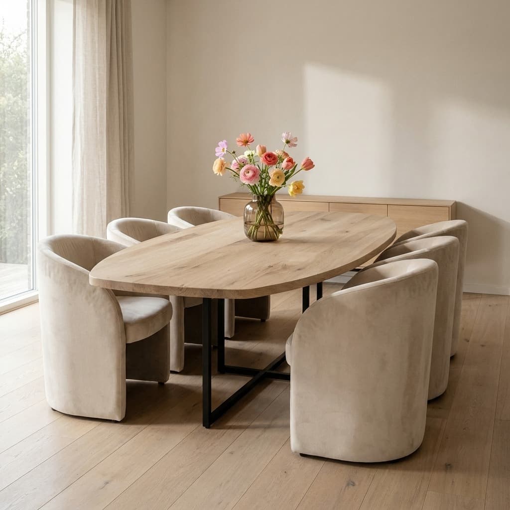 Deens-ovale eiken tafel met kuipstoelen voor een groot raam